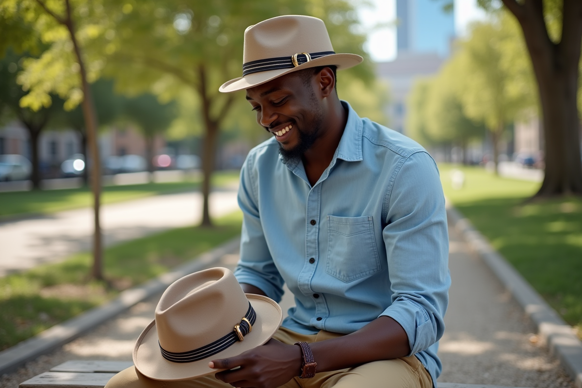 Jeune homme souriant examinant un fedora en plein air