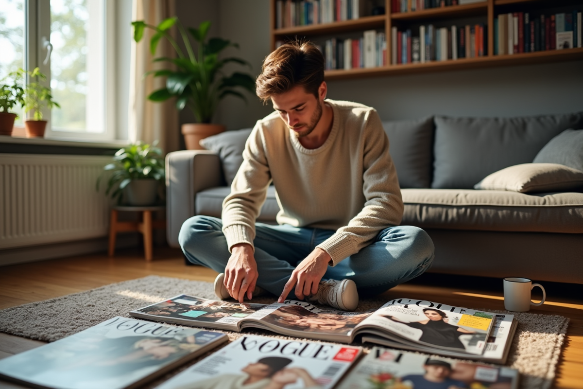 Jeune homme triant des magazines Vogue dans son salon
