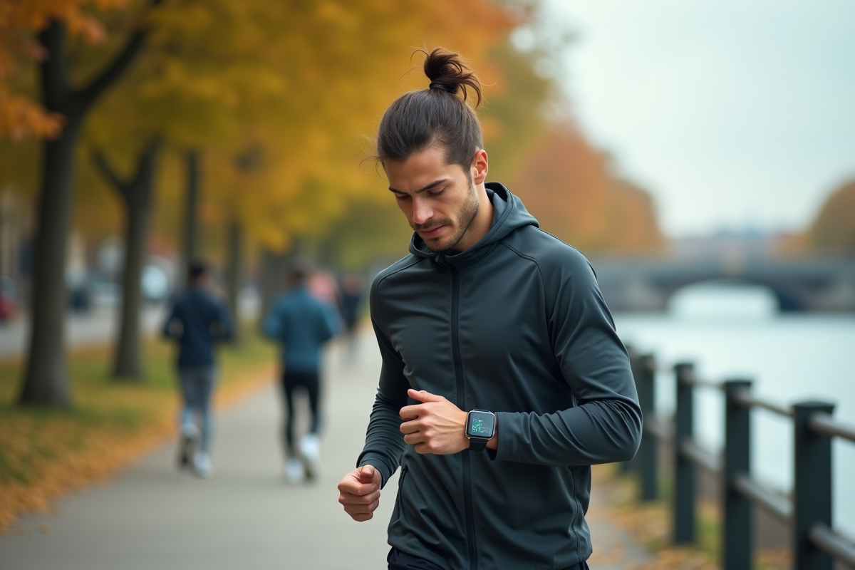 Jeune homme en tenue de sport regardant sa smartwatch en courant près de la rivière