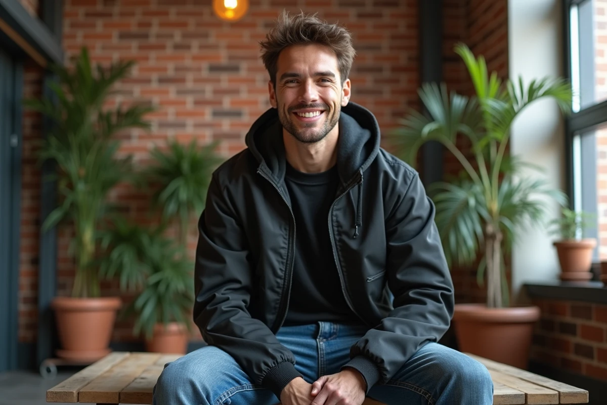 Jeune homme en loft avec veste technique