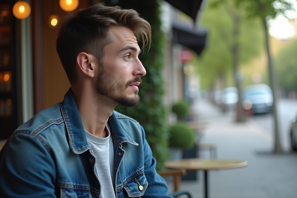 Jeune homme regardant son reflet dans une vitrine de café urbain