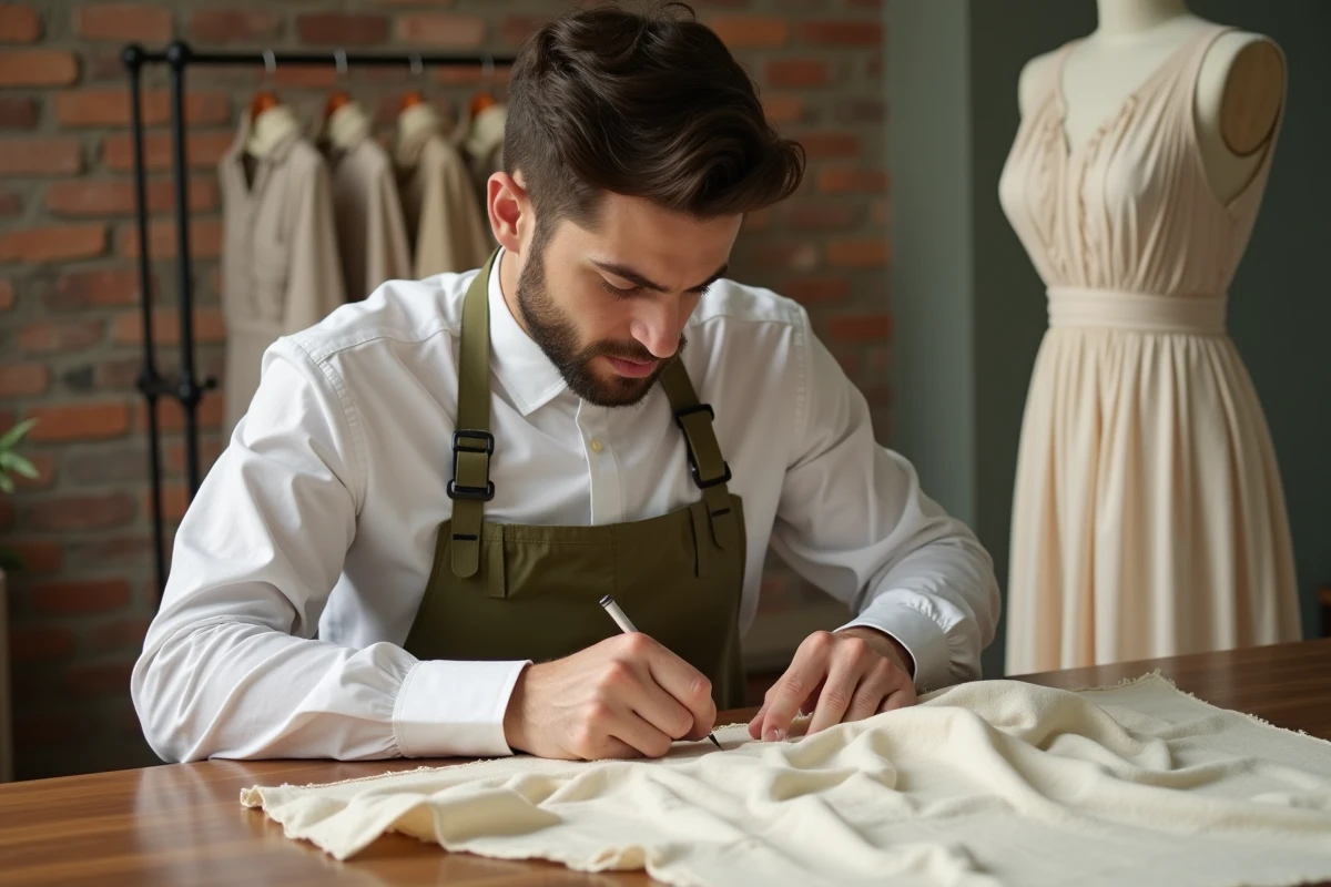 Jeune homme cousant une robe dans un dressing lumineux