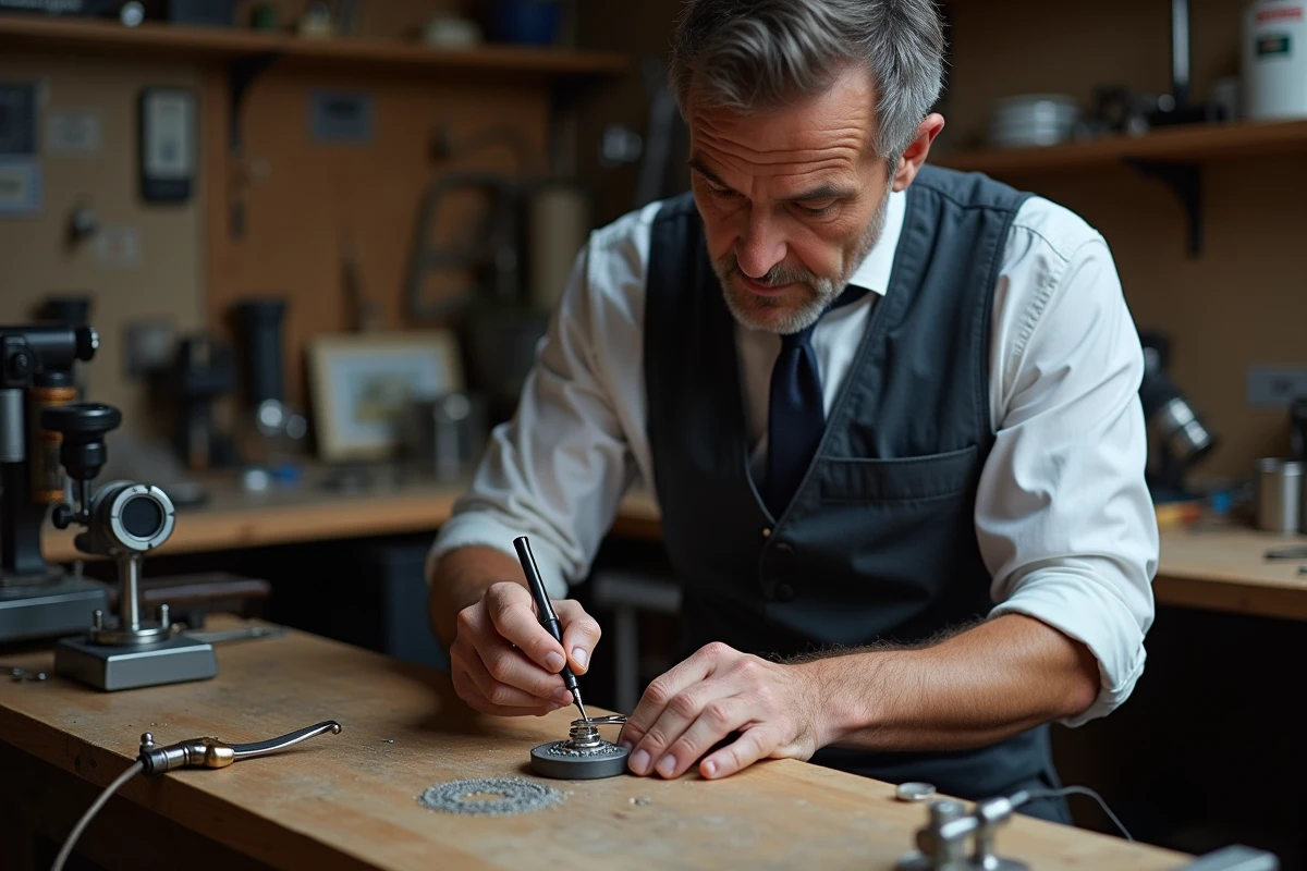 Joaillier professionnel gravant l'intérieur d'un jonc en platine avec un outil de précision dans un atelier artisanal authentique
