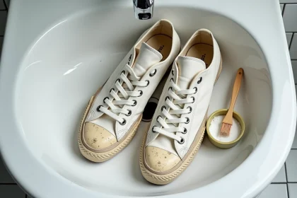 Paire de Converse blanches très usées posées sur un lavabo avec une brosse à dents et du bicarbonate de soude pour le nettoyage