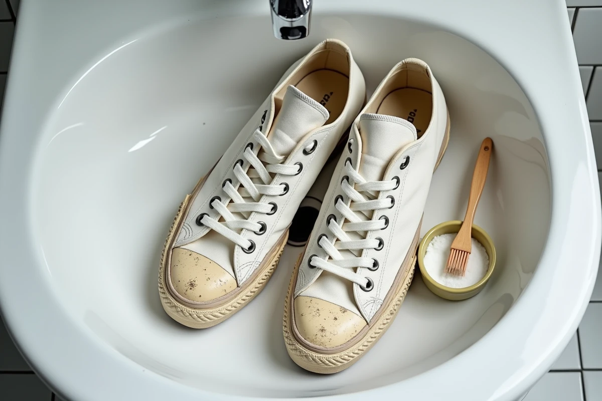 Paire de Converse blanches très usées posées sur un lavabo avec une brosse à dents et du bicarbonate de soude pour le nettoyage