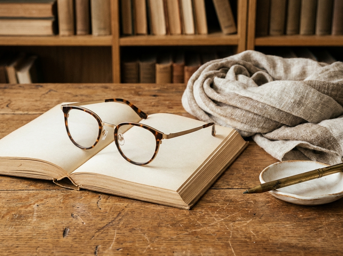 Lunettes écaille et monture dorée posées sur un livre ouvert dans un décor cosy d'hiver