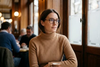 Femme portant des lunettes écaille et métal doré dans un café parisien en hiver