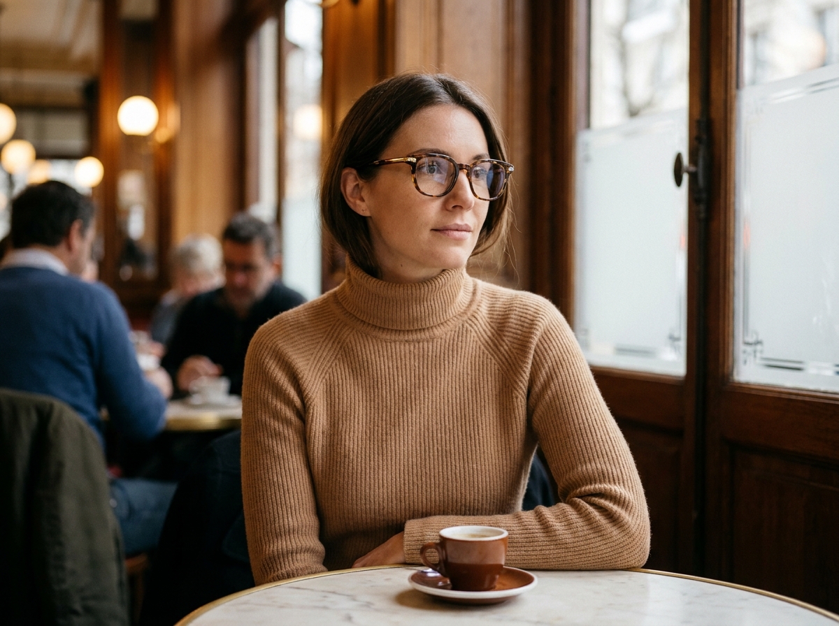 Femme portant des lunettes écaille et métal doré dans un café parisien en hiver