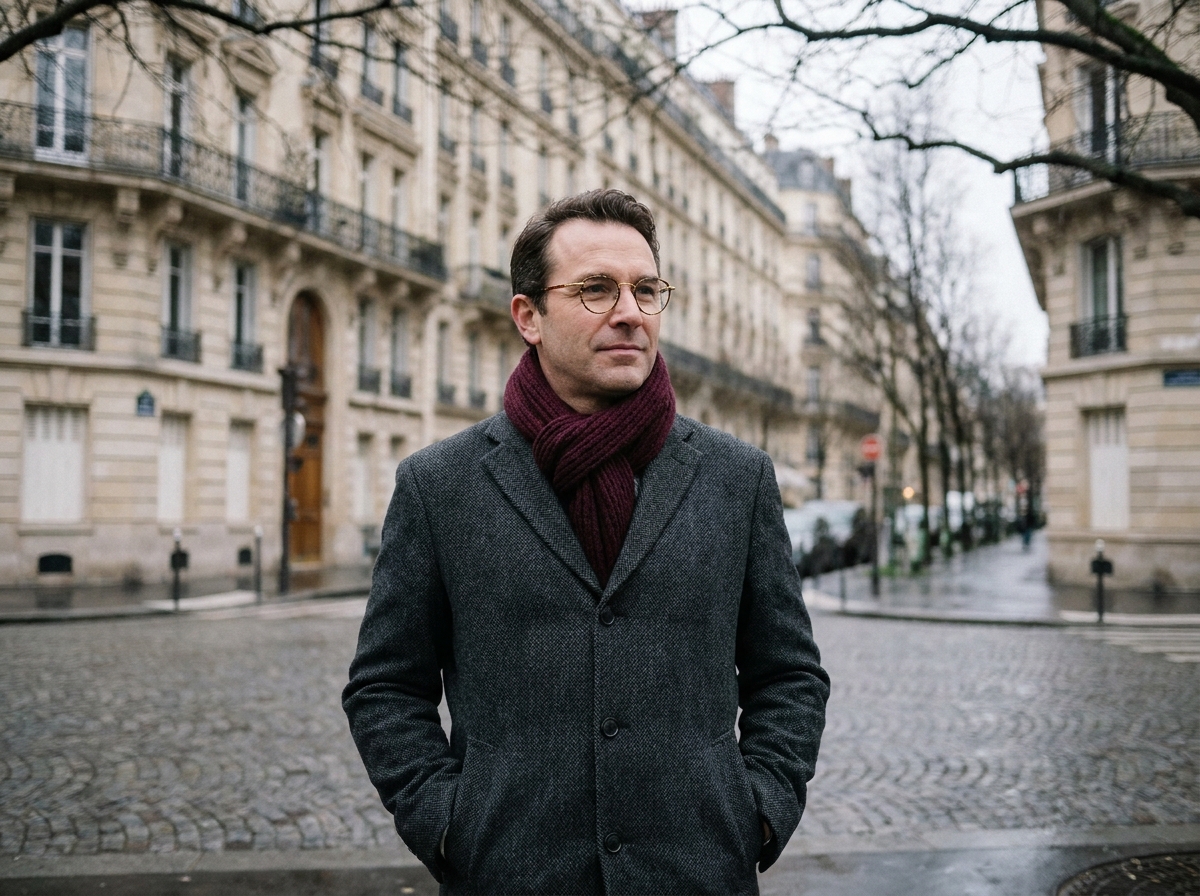 Homme en lunettes rondes métal doré avec branches écaille sur rue pavée en hiver