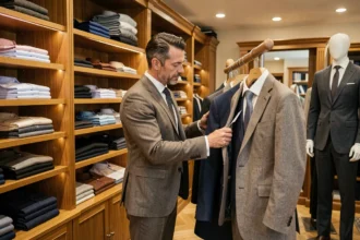 Un homme élégant parcourt les costumes dans une boutique de mode masculine en Occitanie