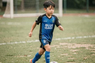 Jeune garçon portant le maillot Blue Lock Isagi bleu et noir en train de courir avec un ballon sur un terrain de football en herbe