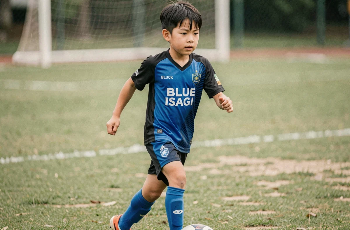 Jeune garçon portant le maillot Blue Lock Isagi bleu et noir en train de courir avec un ballon sur un terrain de football en herbe