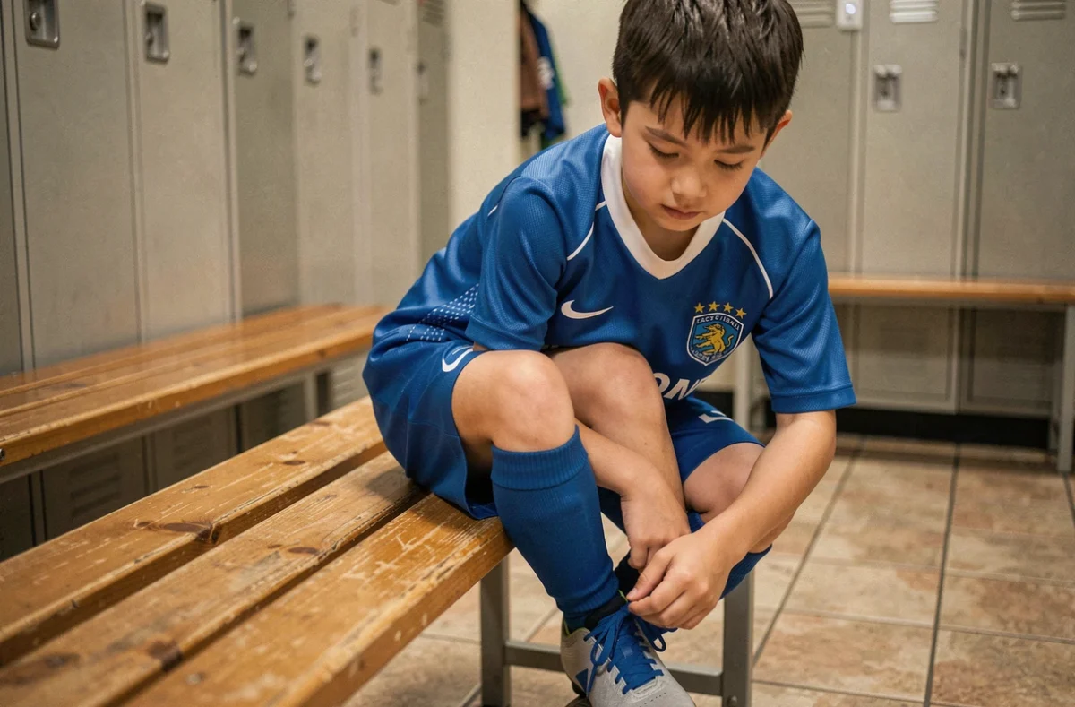 Enfant en maillot Blue Lock Isagi assis sur un banc de vestiaire en train de lacer ses crampons avant un match