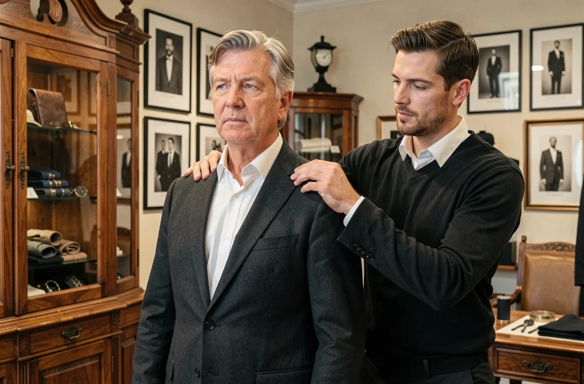 Un client essaie un costume aidé par un styliste chez La Maison de l'Homme à Toulouse