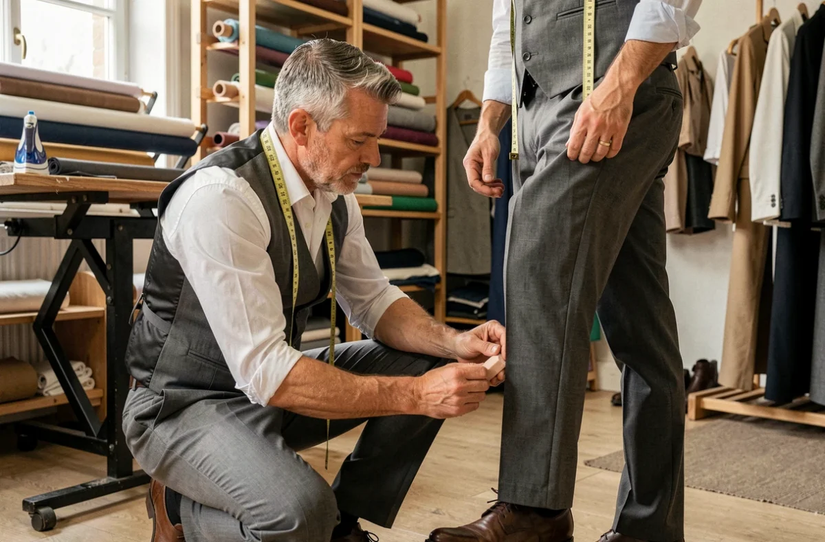 Un tailleur marque l'ourlet d'un pantalon sur mesure chez Maître Mesure à Toulouse