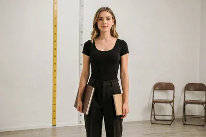 Jeune mannequin femme de taille moyenne debout dans un studio de casting tenant son portfolio, posture confiante devant un mur blanc avec mètre ruban