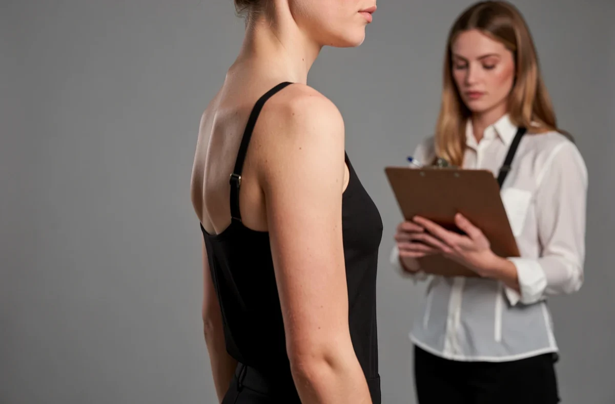 Mannequin homme debout de profil pendant une prise de mesures en studio
