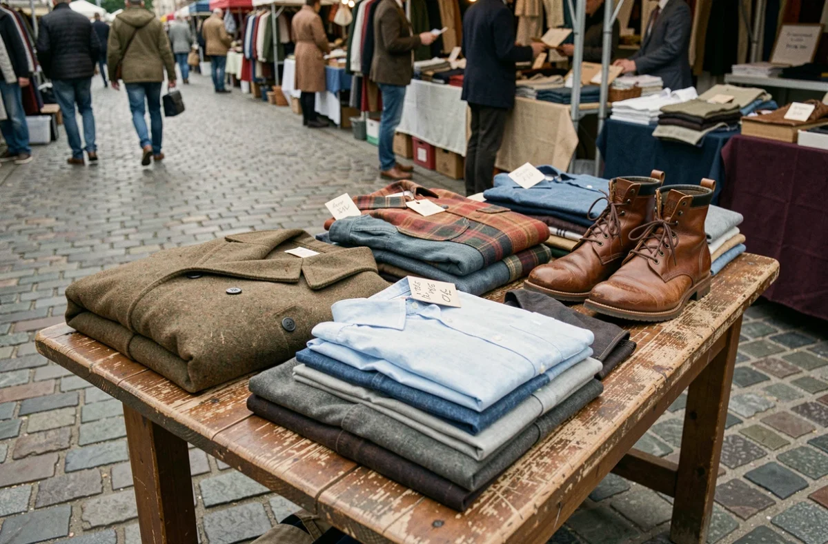 Étal de vêtements seconde main soigneusement disposés sur une table en bois dans un marché aux puces en plein air avec étiquettes de prix artisanales