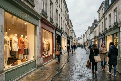 Rue commerçante normande avec des boutiques de prêt-à-porter féminin et des femmes faisant du shopping