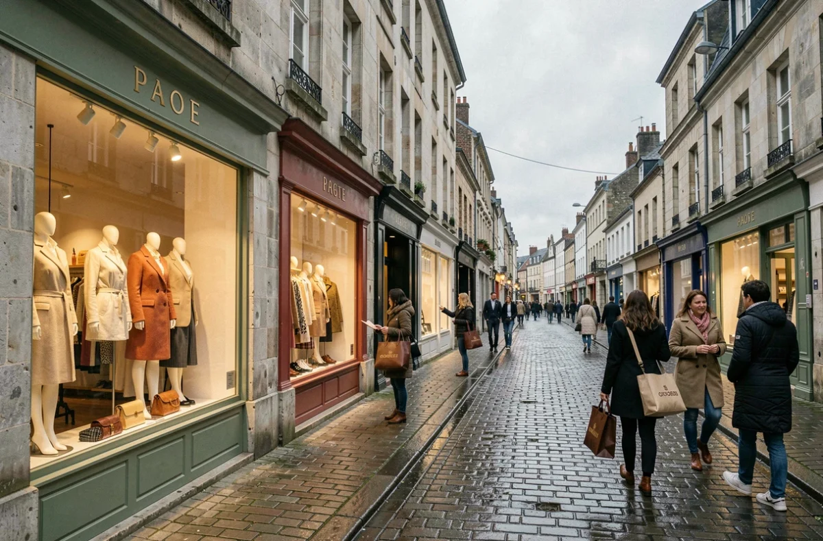 Rue commerçante normande avec des boutiques de prêt-à-porter féminin et des femmes faisant du shopping
