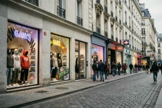 Rue commerçante des Pays de la Loire avec boutiques de streetwear et sneakers en vitrine