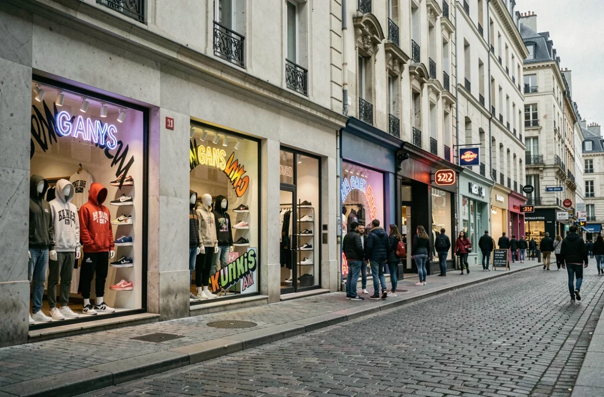 Rue commerçante des Pays de la Loire avec boutiques de streetwear et sneakers en vitrine