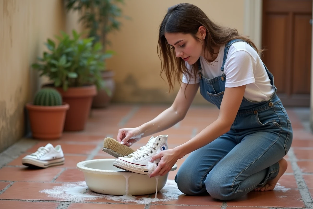 Jeune femme nettoyant une Converse blanche usée avec une brosse dans une bassine d'eau savonneuse sur une terrasse