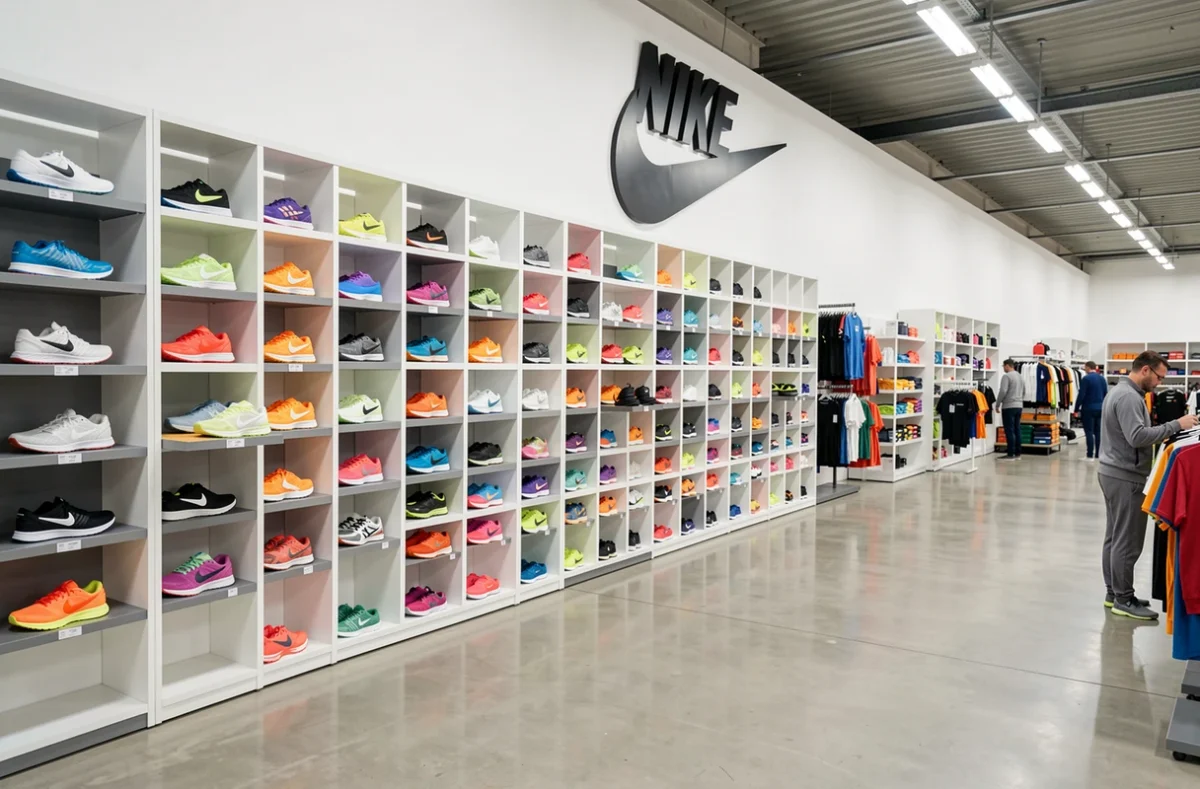 Intérieur du Nike Factory Store à Beaucouzé avec large sélection de sneakers et vêtements de sport
