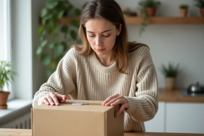 Femme ouvrant un colis de livraison Only-trend.fr dans une cuisine moderne
