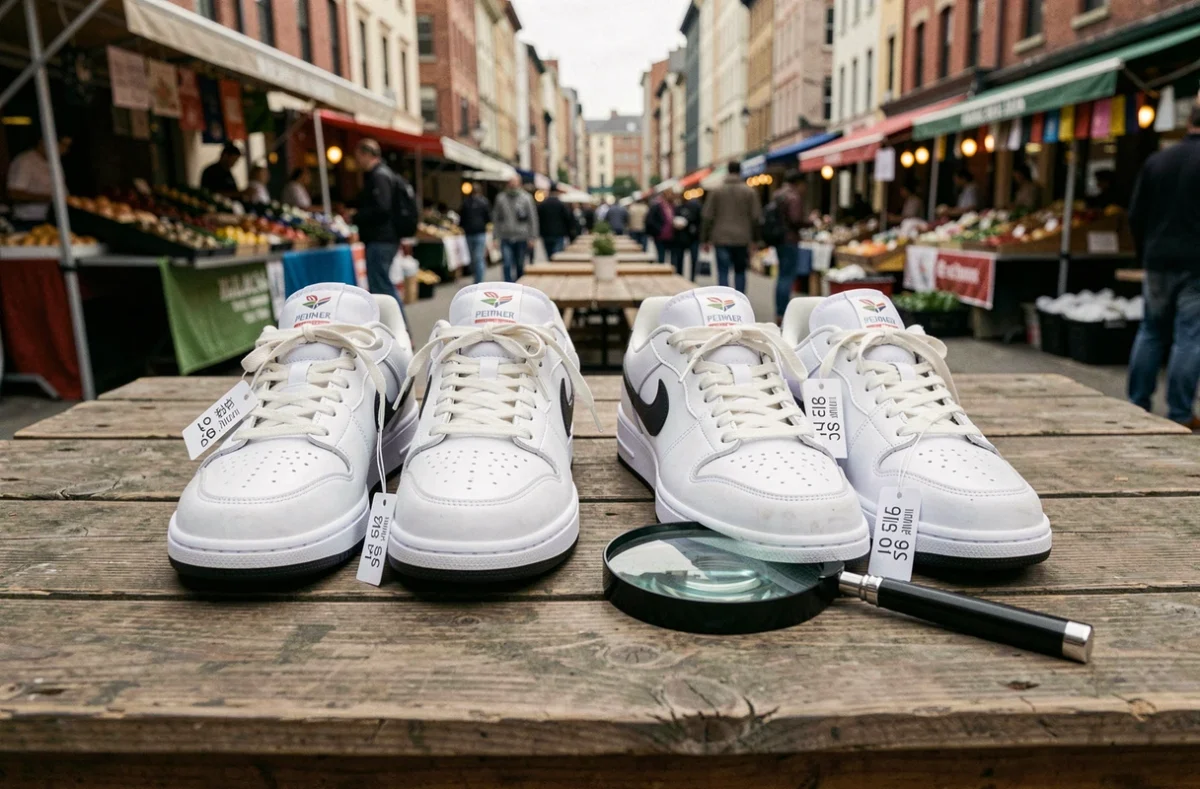 Deux paires de baskets sur une table en bois, originale et contrefaçon, avec étiquettes de prix et loupe pour inspection
