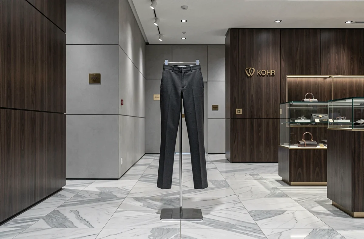 Pantalon de luxe exposé sur mannequin dans une boutique de mode masculine haut de gamme