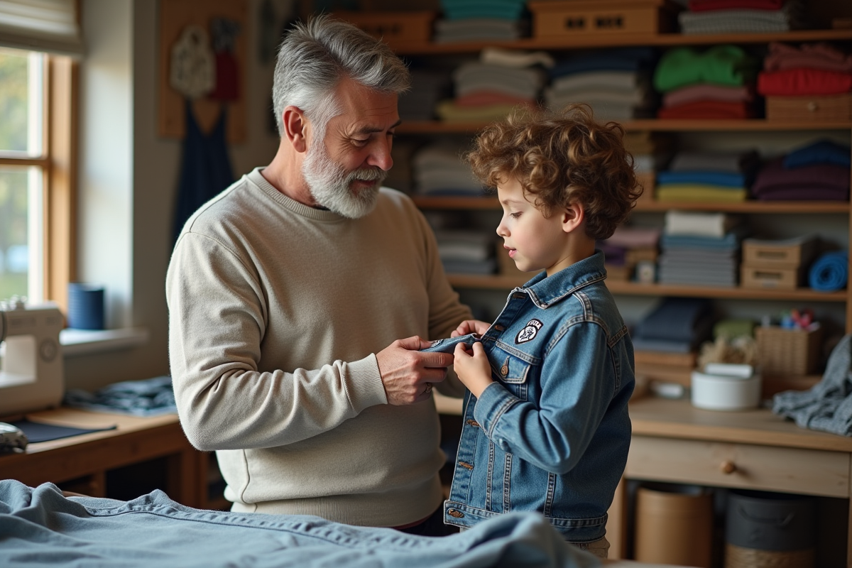 Père aidant son enfant à poser un patch sur une veste en jean