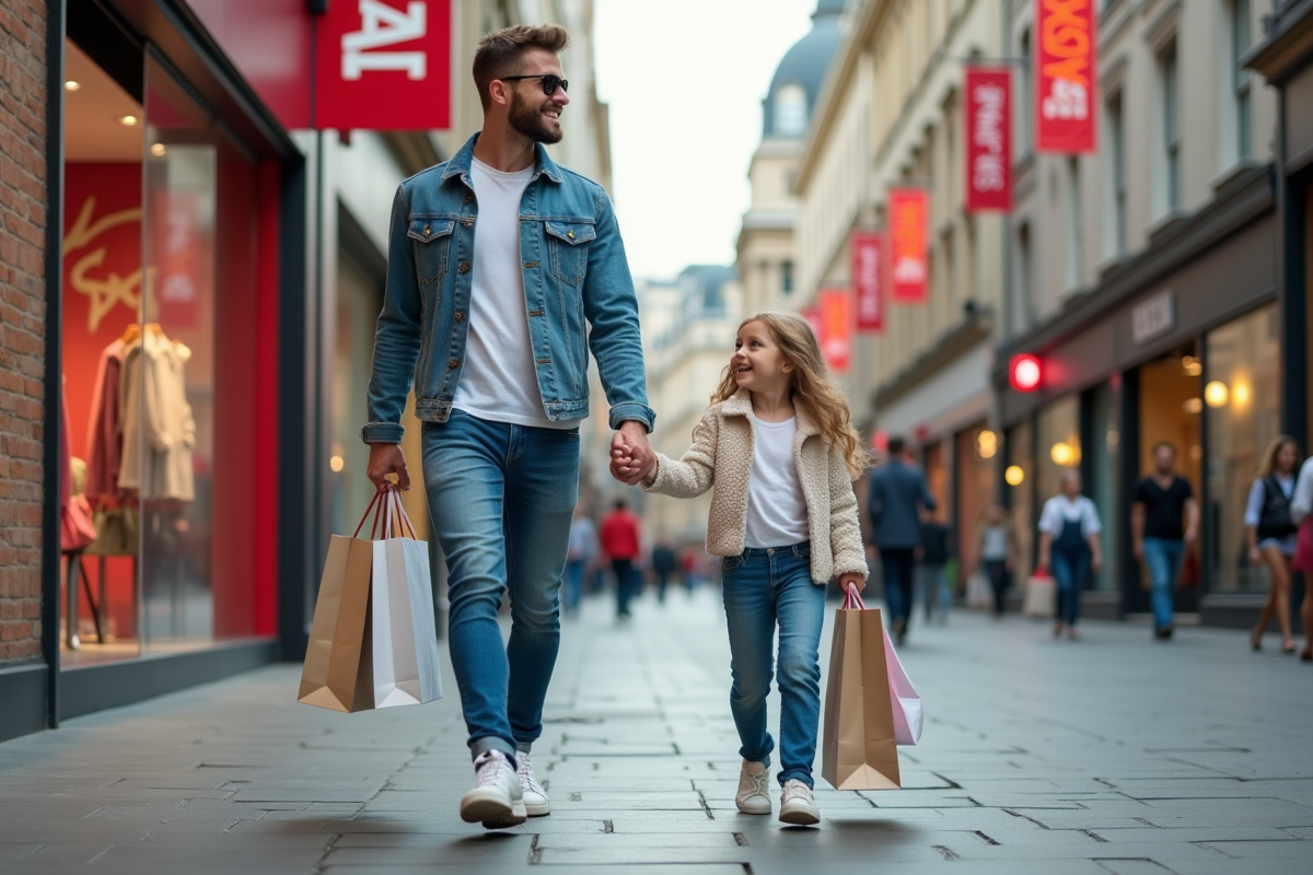 Père et fille avec sacs de shopping dans la rue animée