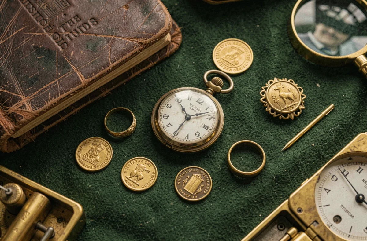 Gros plan sur des bijoux et pièces en or ancien avec poinçons visibles posés sur un tapis de présentation chez un antiquaire