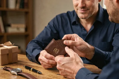 Homme tenant un portefeuille en cuir personnalisé avec monogramme gravé sur un bureau en bois