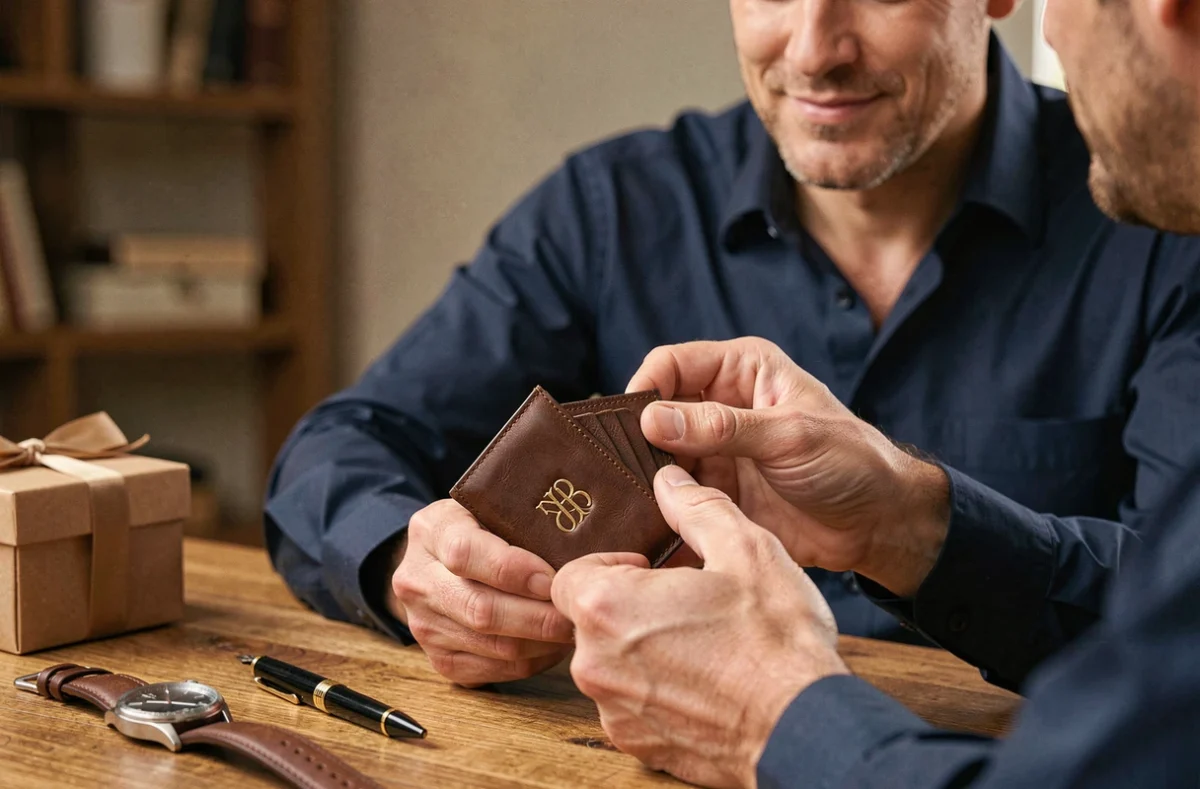 Homme tenant un portefeuille en cuir personnalisé avec monogramme gravé sur un bureau en bois