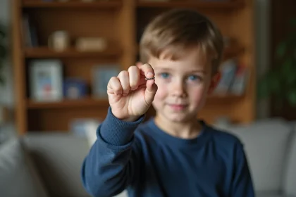 Jeune garçon regardant fièrement sa première bague en argent dans un salon chaleureux
