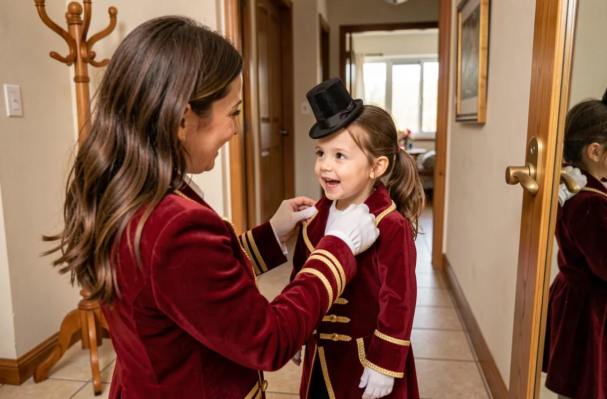 Parent aidant sa fille à enfiler un costume de directeur de cirque avant le carnaval scolaire à la maison