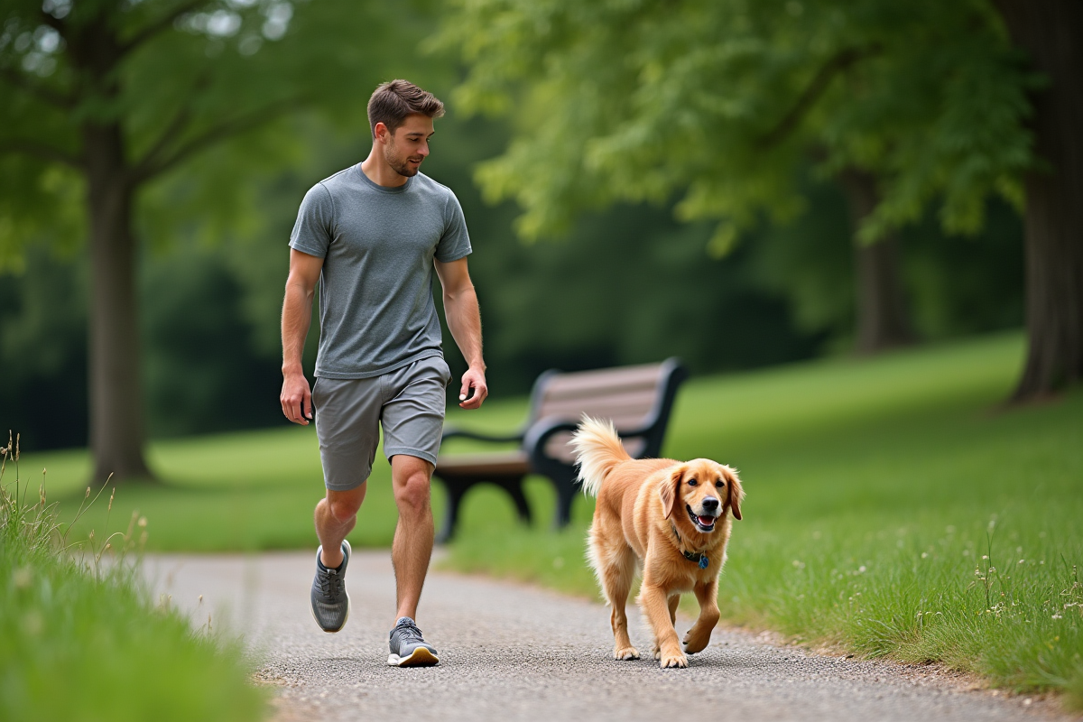 Jeune homme marchant avec son chien dans un parc verdoyant