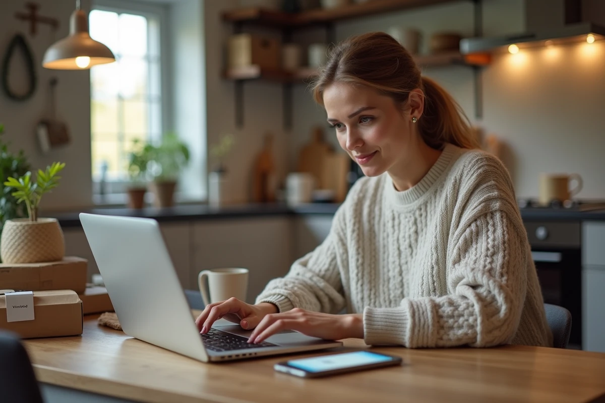 Femme cherchant un point relais Vinted alternatif sur son ordinateur portable à la maison