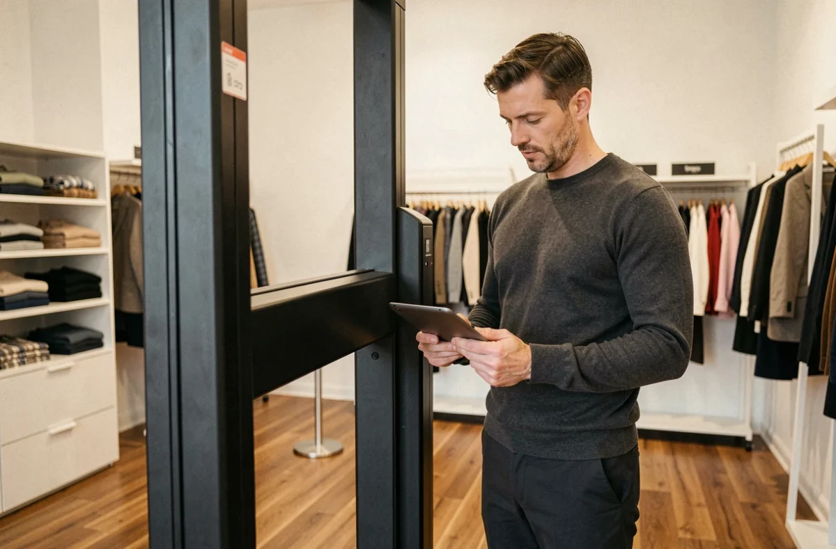 Responsable de magasin évaluant un système d'antivol portique EAS à l'entrée d'une boutique de vêtements