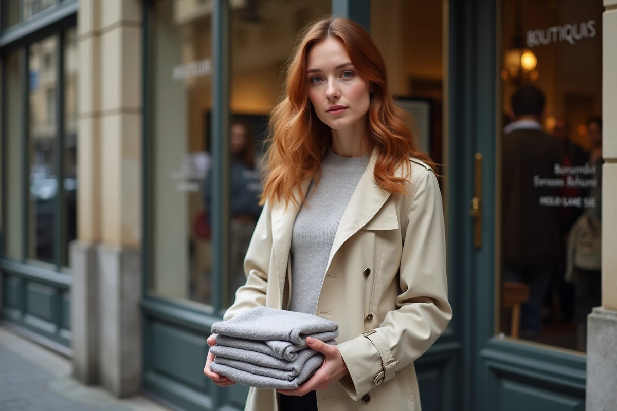 Femme effectuant un retour de commande en boutique JOHANNA Paris avec un sac d'emballage élégant