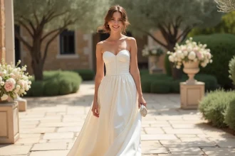 Femme élégante en robe bustier longue blanche sur terrasse de mariage en Provence