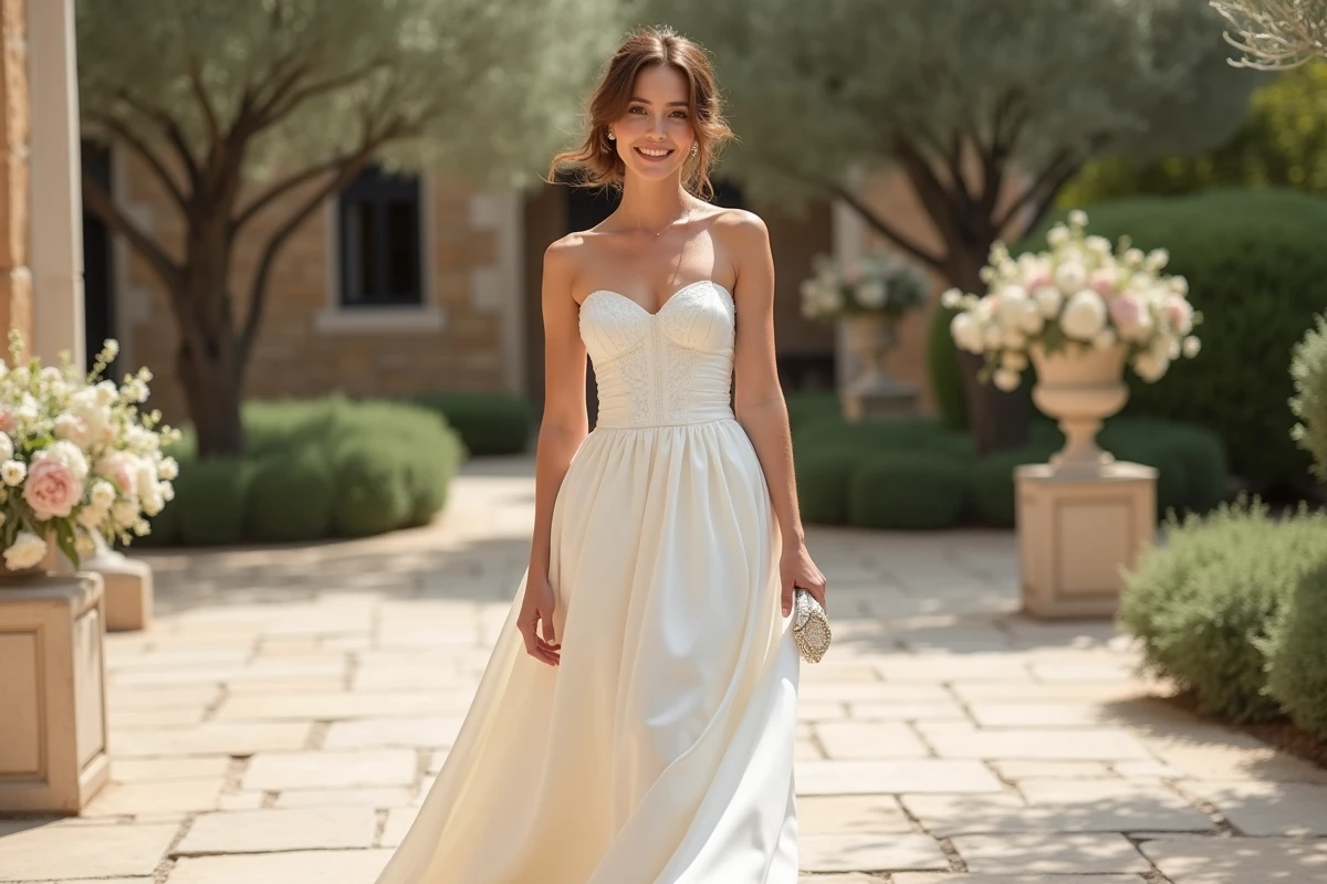 Femme élégante en robe bustier longue blanche sur terrasse de mariage en Provence