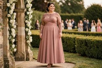 Femme grande taille portant une robe habillée longue à manches en dentelle pour un mariage en extérieur