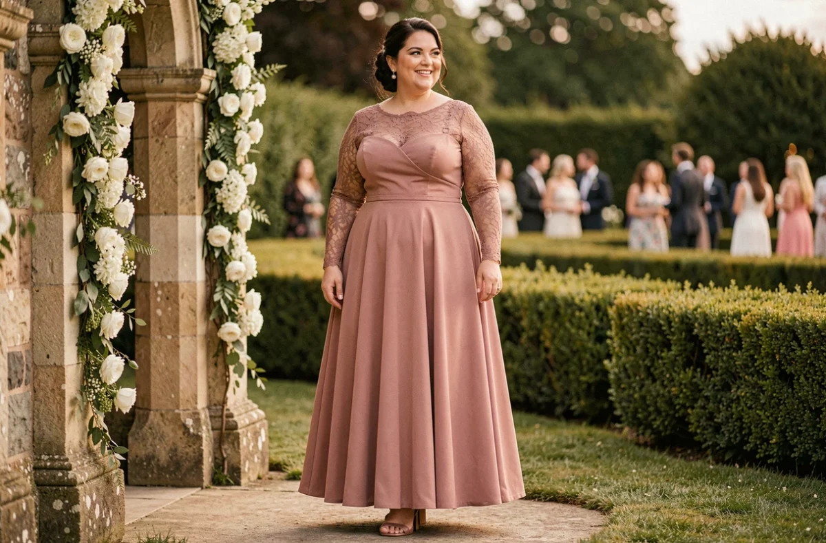 Femme grande taille portant une robe habillée longue à manches en dentelle pour un mariage en extérieur