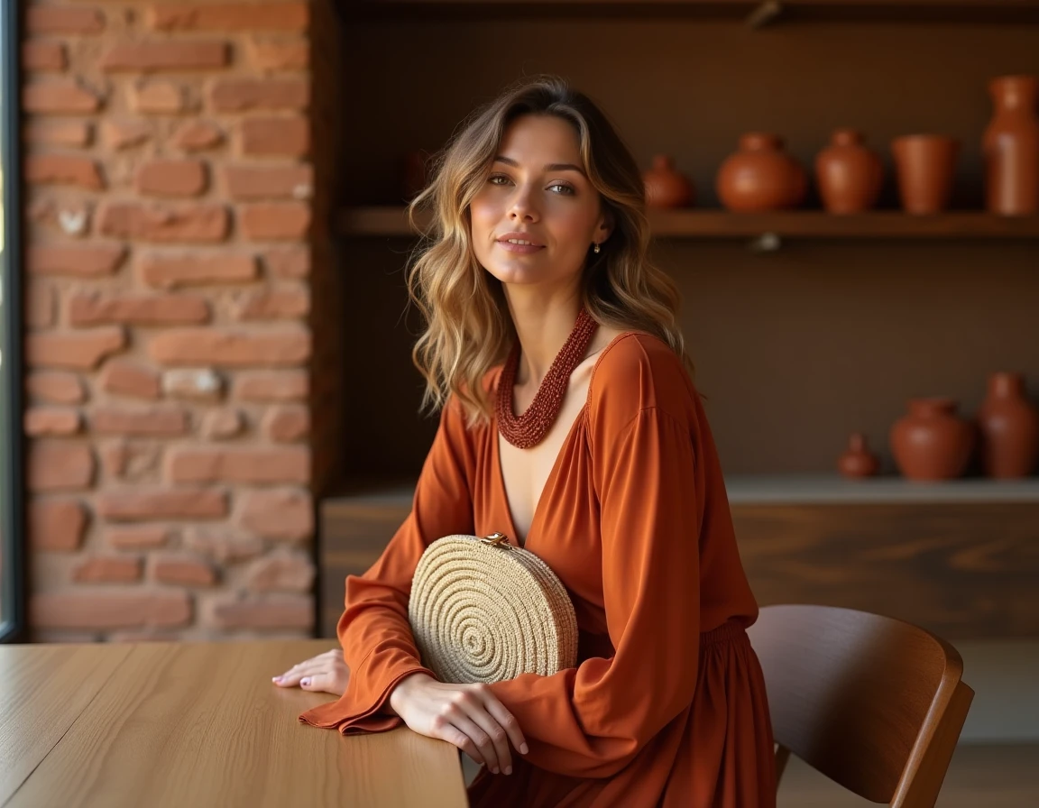 Femme en robe longue terracotta assortie d'accessoires en tons rouille et argile dans un intérieur minimaliste aux murs en briques de terre
