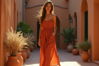 Femme en robe longue terracotta dans une cour méditerranéenne aux murs ocre et carrelage terracotta, tenue harmonieuse aux tons chauds