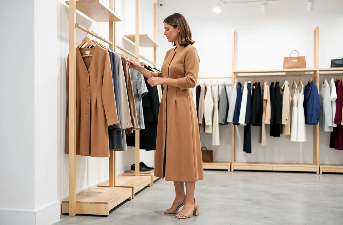 Femme en robe midi SINEQUANONE coupe A-line camel essayant une tenue dans une boutique moderne