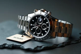 Rolex Daytona posée sur une surface en ardoise avec une étiquette de prix, illustrant les erreurs courantes qui font surpayer cette montre de luxe